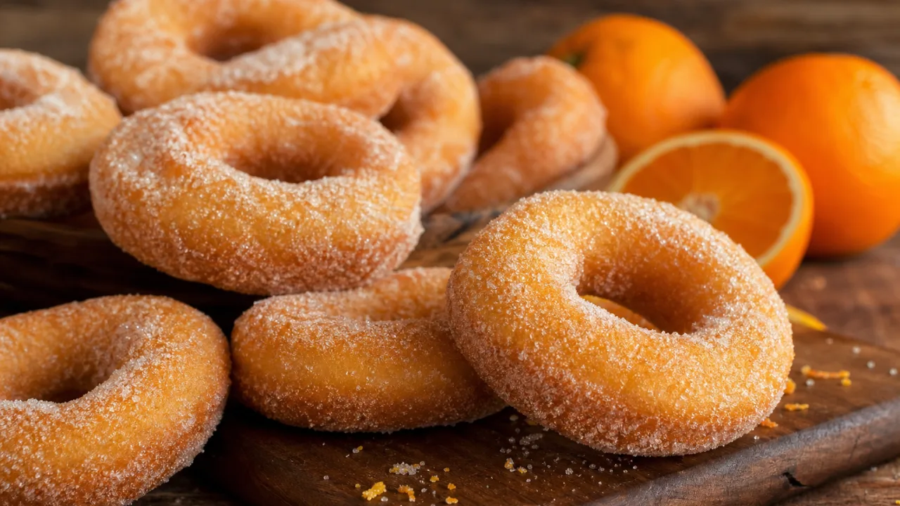 Rosquinha de laranja fofinha, dourada e açucarada sobre mesa de madeira