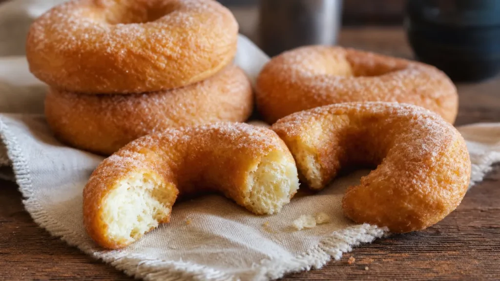Rosquinha doce de padaria com casquinha crocante e massa fofinha sobre mesa de madeira