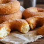 Rosquinha doce de padaria com casquinha crocante e massa fofinha sobre mesa de madeira