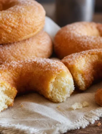 Rosquinha doce de padaria com casquinha crocante e massa fofinha sobre mesa de madeira