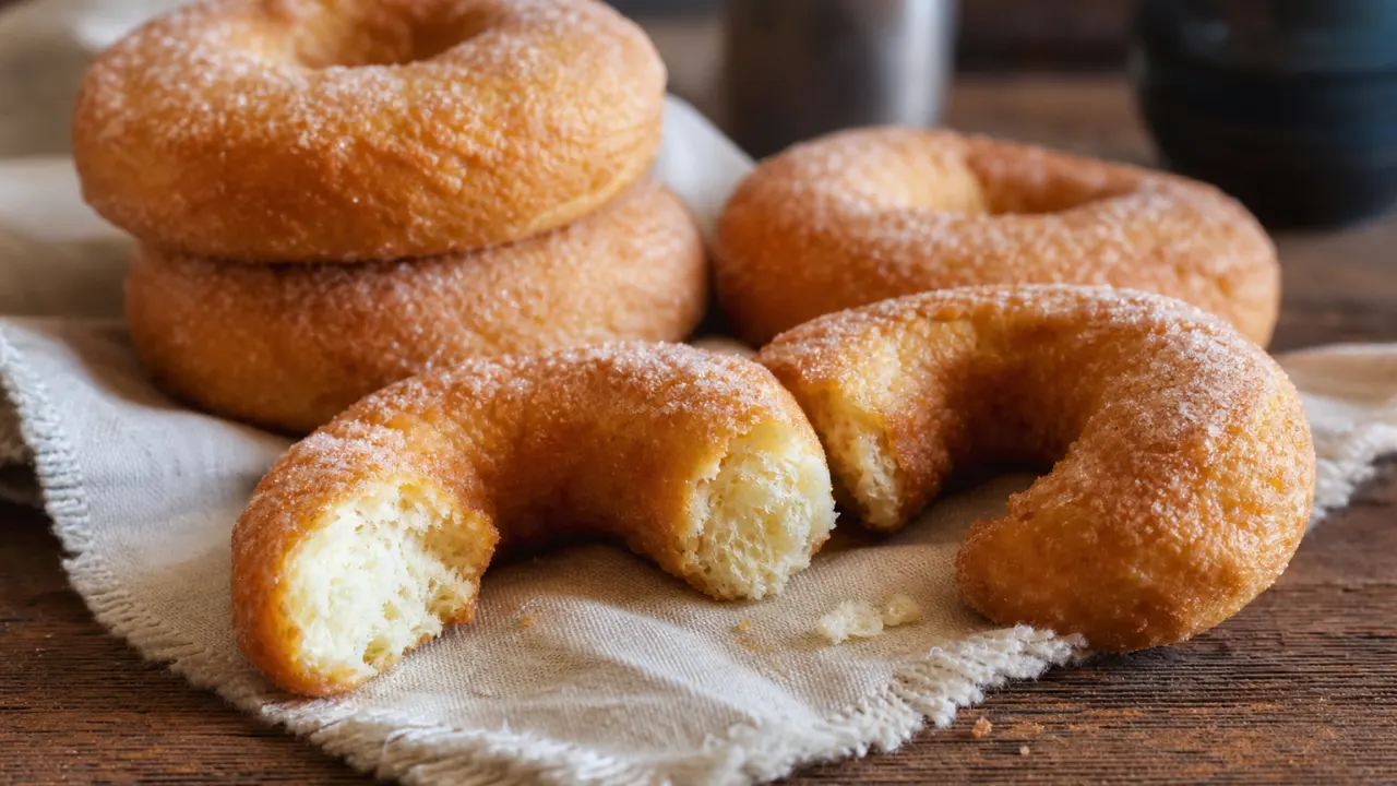 Rosquinha doce de padaria com casquinha crocante e massa fofinha sobre mesa de madeira