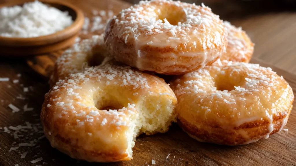 Rosquinha nuvem fofinha com leite condensado e coco ralado sobre mesa de madeira.