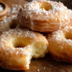 Rosquinha nuvem fofinha com leite condensado e coco ralado sobre mesa de madeira.