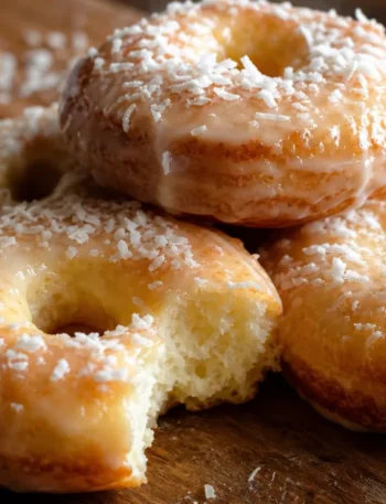 Rosquinha nuvem fofinha com leite condensado e coco ralado sobre mesa de madeira.