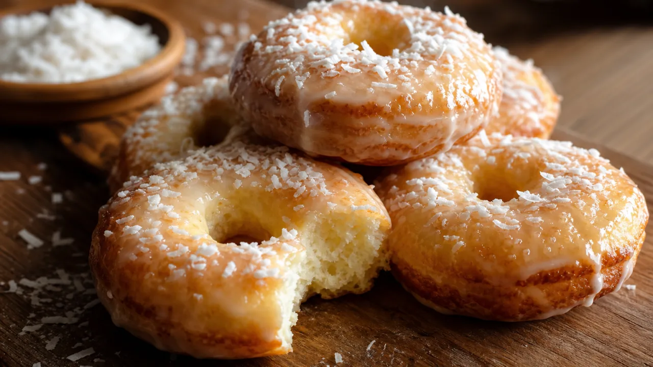 Rosquinha nuvem fofinha com leite condensado e coco ralado sobre mesa de madeira.