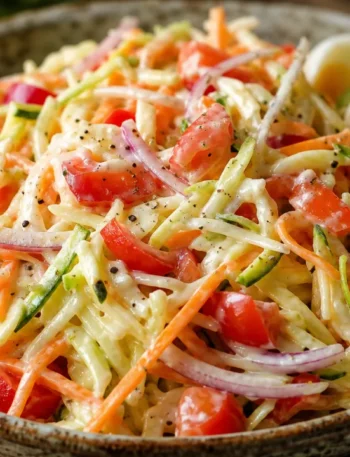 Salada para emagrecer com repolho, chuchu, cenoura, tomates, pimentão, cebola, ovos cozidos e molho de iogurte com limão