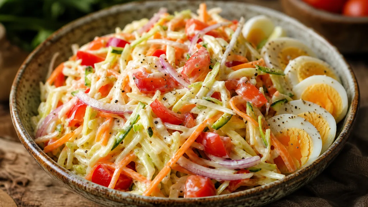 Salada para emagrecer com repolho, chuchu, cenoura, tomates, pimentão, cebola, ovos cozidos e molho de iogurte com limão