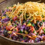 Salada tropical de churrasco com repolho roxo, cenoura, milho, tomate, azeitonas e batata palha