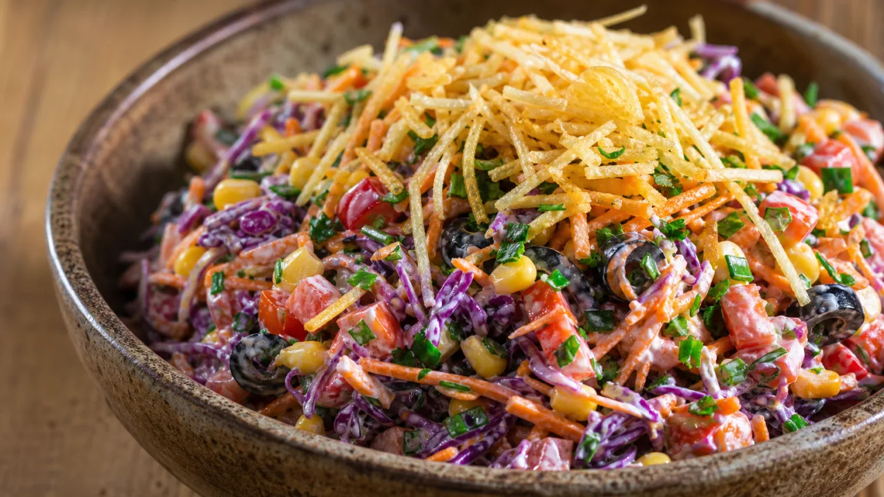 Salada tropical de churrasco com repolho roxo, cenoura, milho, tomate, azeitonas e batata palha