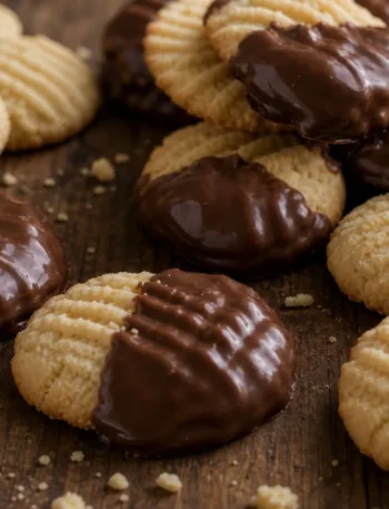 Sequilhos de leite condensado com chocolate, crocantes e delicados, sobre mesa rústica.