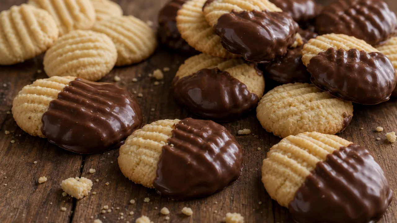 Sequilhos de leite condensado com chocolate, crocantes e delicados, sobre mesa rústica.