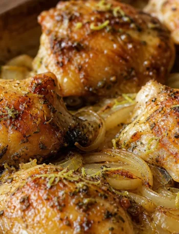 Sobrecoxa no forno crocante e suculenta com casquinha dourada e cebolas assadas