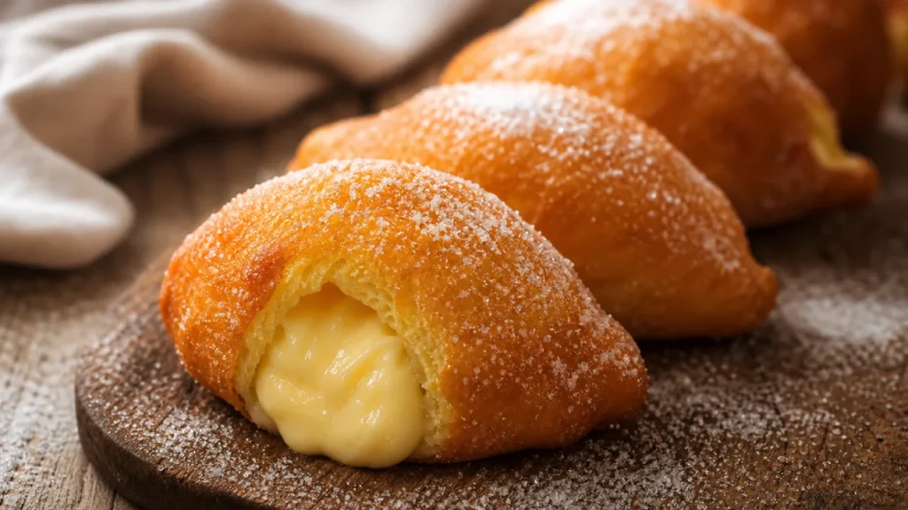 Sonho de padaria tradicional recheado com creme de baunilha e açúcar gelado sobre mesa de madeira