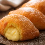 Sonho de padaria tradicional recheado com creme de baunilha e açúcar gelado sobre mesa de madeira