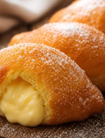 Sonho de padaria tradicional recheado com creme de baunilha e açúcar gelado sobre mesa de madeira