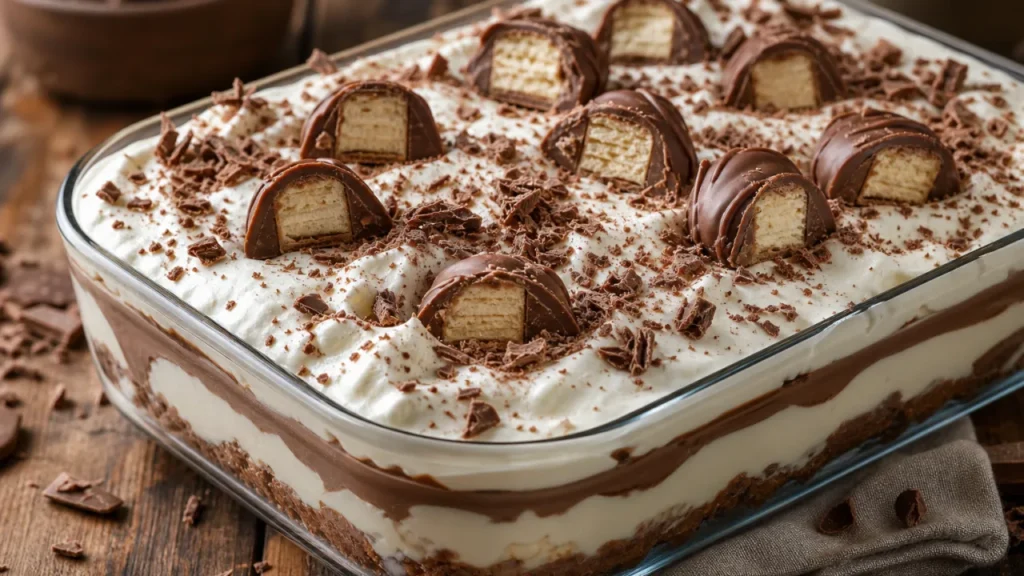 Sonho Gelado Cremoso com Sonho de Valsa em travessa de vidro, com camadas de creme branco, chocolate e chantilly