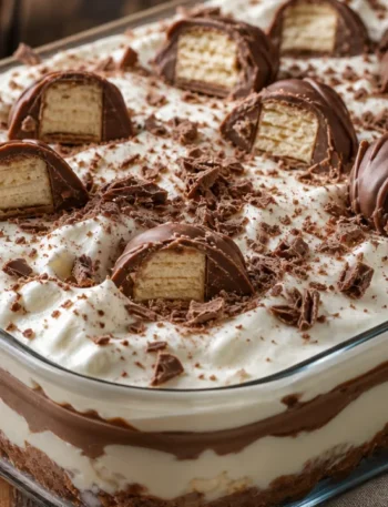 Sonho Gelado Cremoso com Sonho de Valsa em travessa de vidro, com camadas de creme branco, chocolate e chantilly
