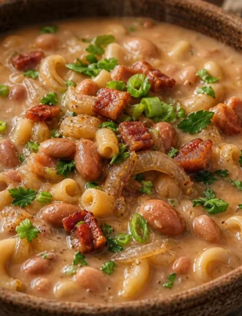 Sopa de feijão cremosa com bacon, macarrão, salsinha e cebolinha em tigela rústica