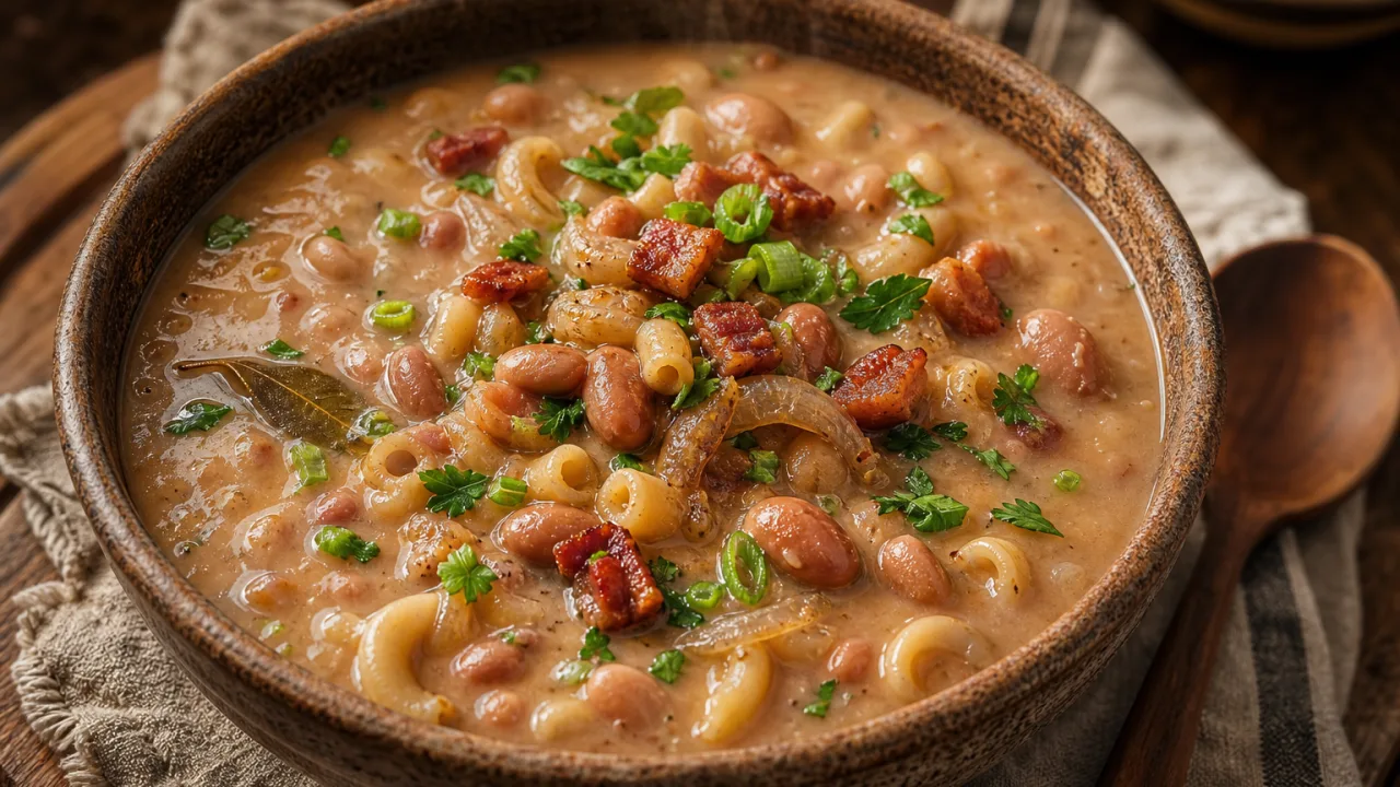 Sopa de feijão cremosa com bacon, macarrão, salsinha e cebolinha em tigela rústica