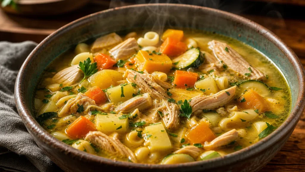 Sopa de frango com legumes e macarrão em caldo dourado, servida em tigela rústica com cheiro-verde.