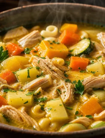 Sopa de frango com legumes e macarrão em caldo dourado, servida em tigela rústica com cheiro-verde.