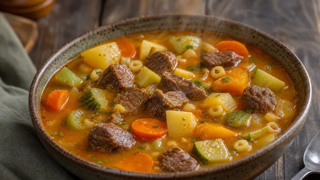 Sopa de legumes com carne cremosa, com batata, cenoura, abóbora e macarrão em caldo dourado