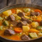 Sopa de legumes com carne cremosa, com batata, cenoura, abóbora e macarrão em caldo dourado