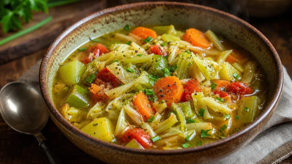 Sopa leve de legumes com repolho, cenoura, chuchu, tomate, pimentão e salsão em tigela rústica