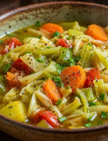 Sopa leve de legumes com repolho, cenoura, chuchu, tomate, pimentão e salsão em tigela rústica