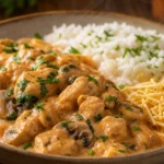 Strogonoff de frango cremoso com champignon, arroz branco e batata palha sobre mesa rústica