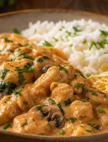 Strogonoff de frango cremoso com champignon, arroz branco e batata palha sobre mesa rústica