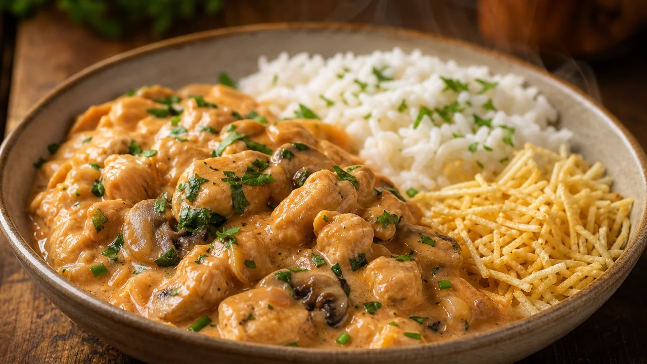 Strogonoff de frango cremoso com champignon, arroz branco e batata palha sobre mesa rústica