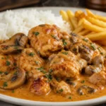 Strogonoff de frango cremoso com arroz branco e batata frita em prato rústico