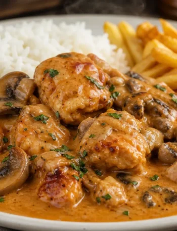 Strogonoff de frango cremoso com arroz branco e batata frita em prato rústico