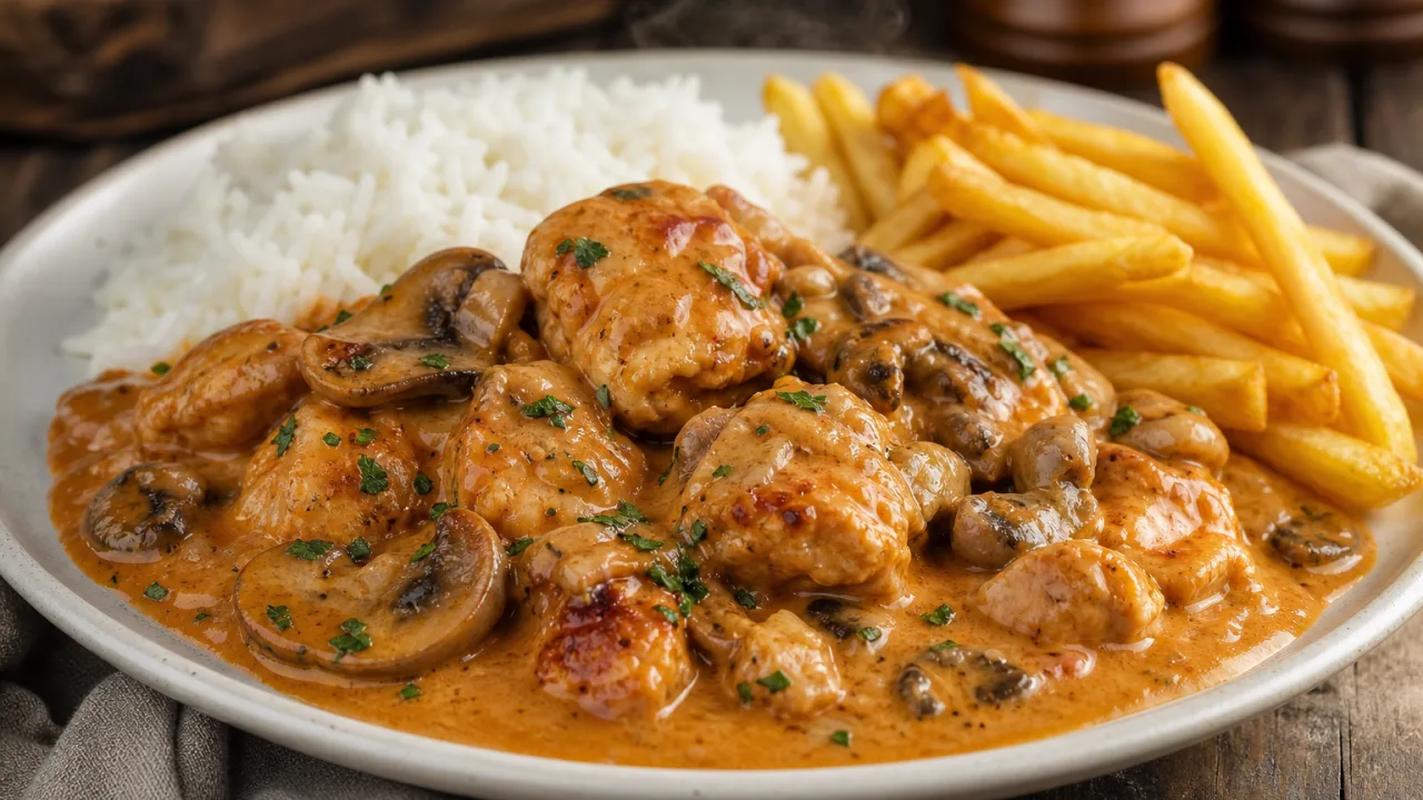 Strogonoff de frango cremoso com arroz branco e batata frita em prato rústico