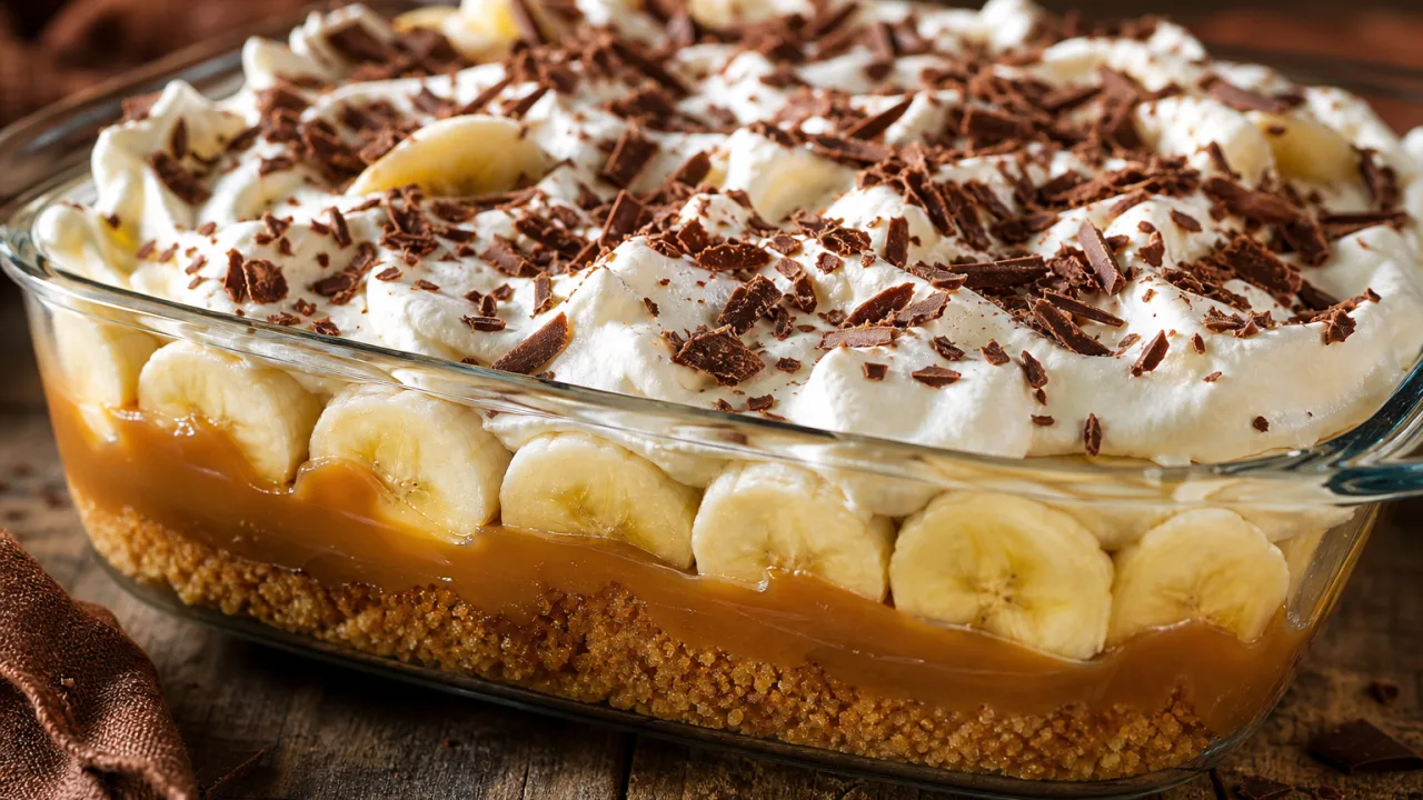 Torta banoffee na travessa com doce de leite, bananas, chantilly e chocolate sobre mesa de madeira