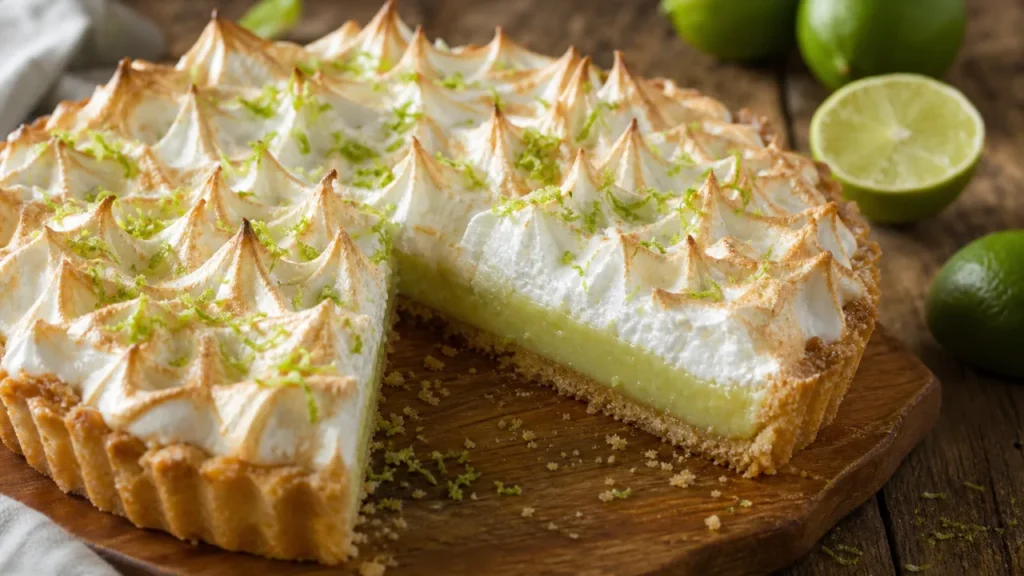 Torta de limão com massa caseira, recheio cremoso, merengue tostado e raspas de limão sobre mesa rústica