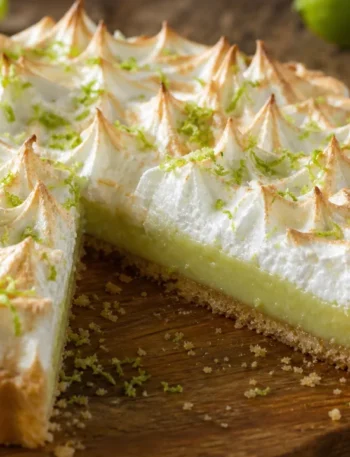 Torta de limão com massa caseira, recheio cremoso, merengue tostado e raspas de limão sobre mesa rústica