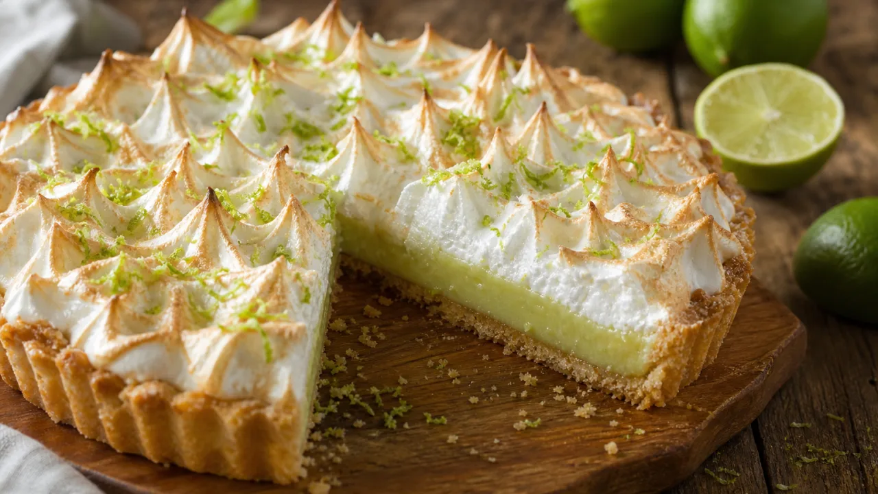 Torta de limão com massa caseira, recheio cremoso, merengue tostado e raspas de limão sobre mesa rústica
