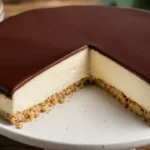 Torta holandesa cremosa com ganache brilhante e base crocante sobre mesa de madeira