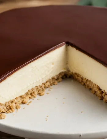 Torta holandesa cremosa com ganache brilhante e base crocante sobre mesa de madeira