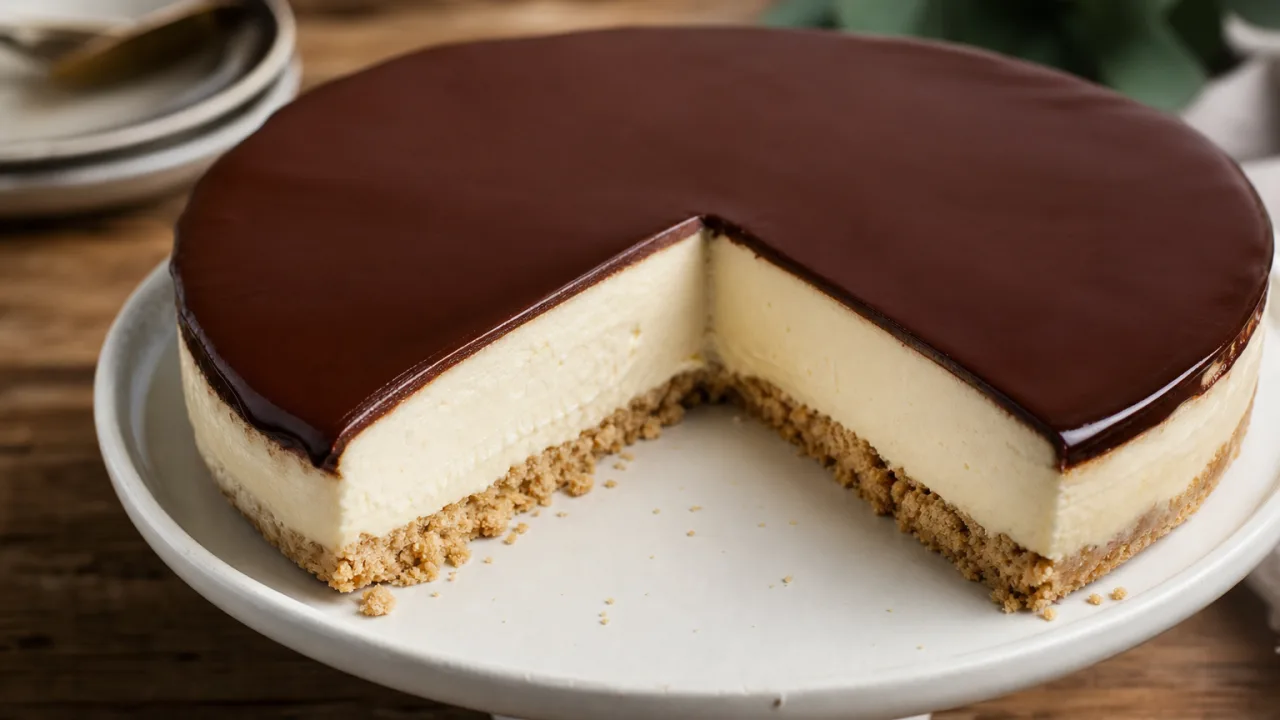 Torta holandesa cremosa com ganache brilhante e base crocante sobre mesa de madeira