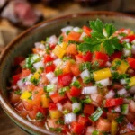 Vinagrete caseiro com cebola, pimentões, tomates e ervas frescas em tigela rústica para churrasco