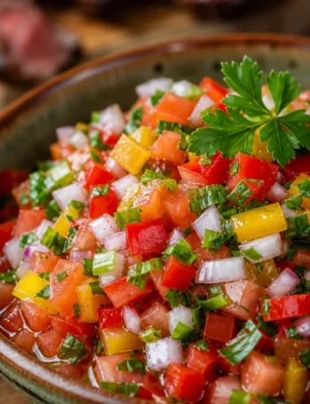Vinagrete caseiro com cebola, pimentões, tomates e ervas frescas em tigela rústica para churrasco