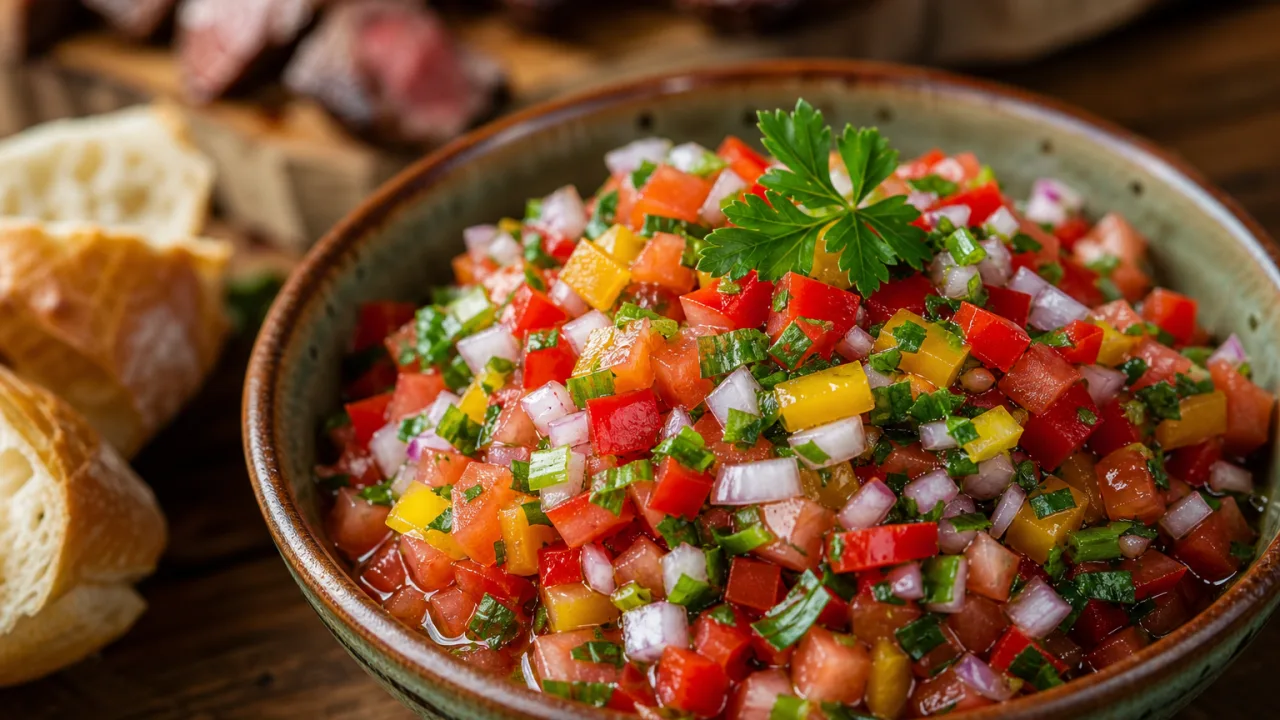 Vinagrete caseiro com cebola, pimentões, tomates e ervas frescas em tigela rústica para churrasco
