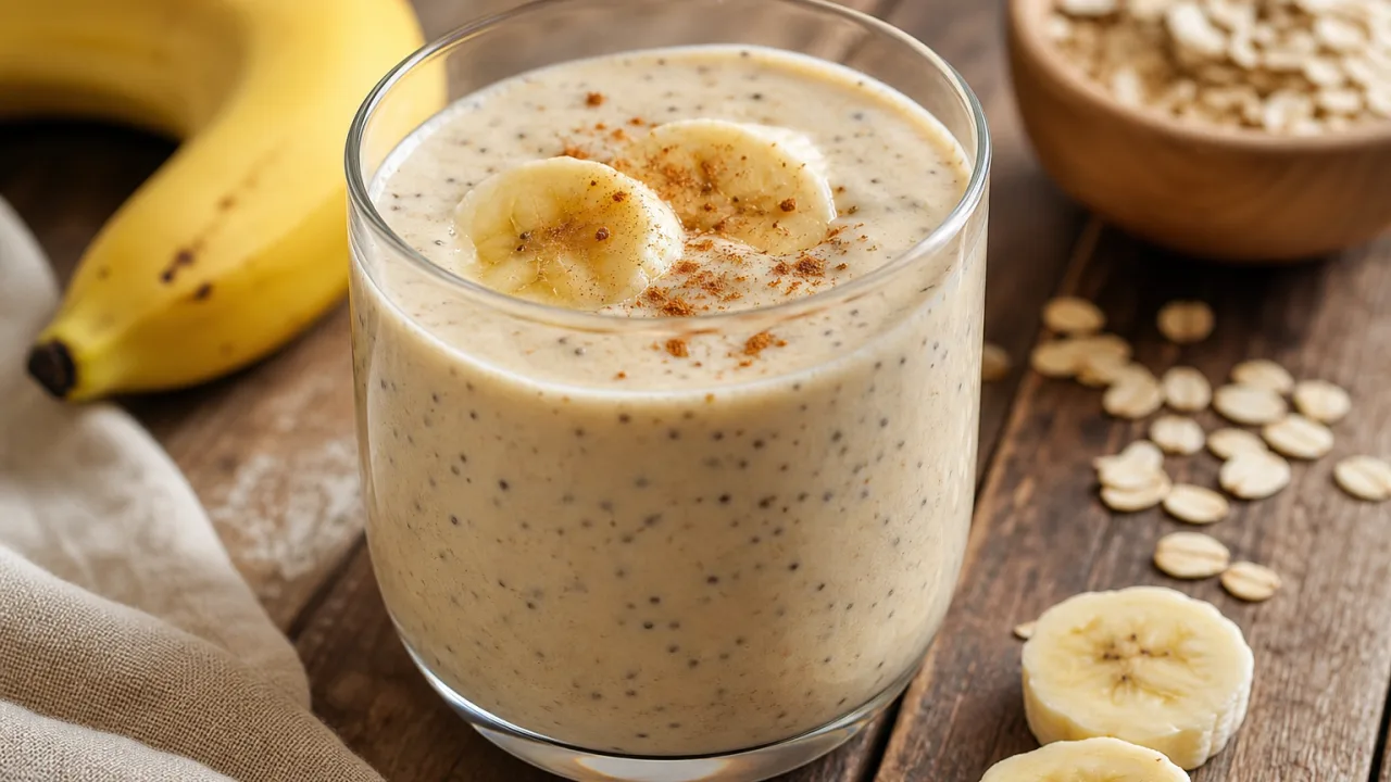 Vitamina caseira de banana com chia e aveia cremosa em copo sobre mesa rústica