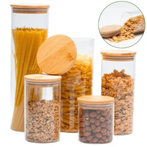 Potes de Vidro Hermético Transparente Tampa Bambu Porta Alimentos
